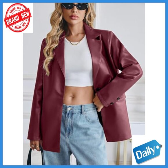 Oversized Faux Leather Blazer Bomber Jacket Long Sleeve Button Front Pockets - Picture 3 of 7